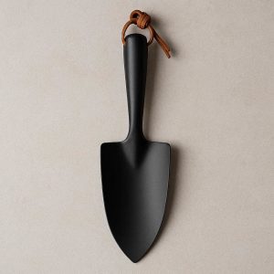 Luxury Matte Black Garden Trowel Stainless Steel Hand Shovel Leather Hanging Strap Minimalist Tool Boutique Hotel Decor